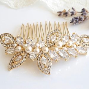 Gold Bridal Hair Comb With Swarovski Pearls